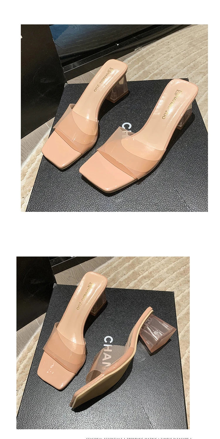 Pink Transparent High Heels Sexy Women's Slippers 2023 Fashion Crystal Rhinester Ladies Sandals Open Toe Shoes Thick Heel Mule