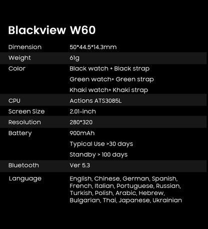 Blackview W60 2024 New Smartwatch 2.01'' HD Display TFT Rugged Smart Watch for Outdoor With Emergency Lighting Bluetooth Calling