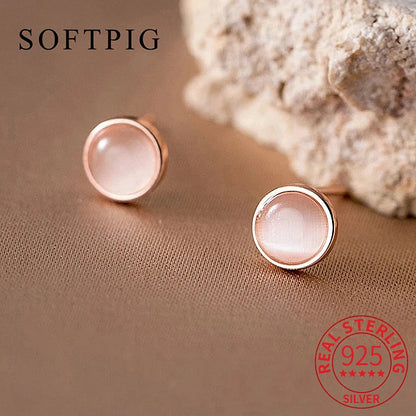 SOFTPIG Real 925 Sterling Silver Opal Round Stud Earrings For Charming Women Party Trendy Fine Jewelry Minimalist Accessories