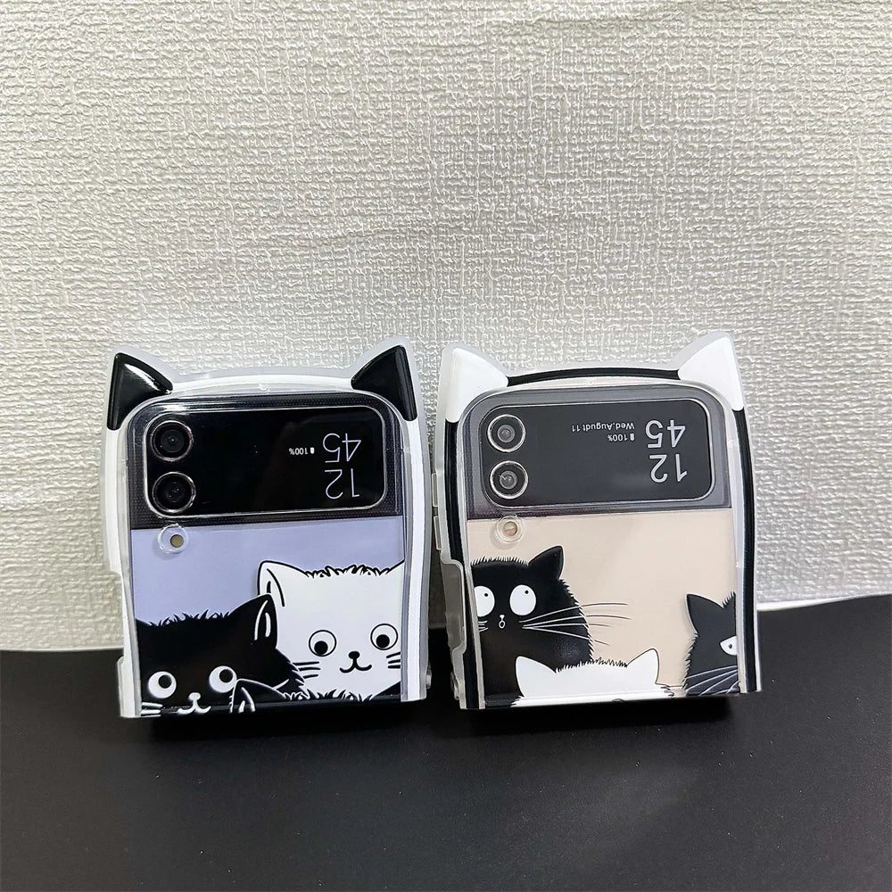 Cartoon Cat Ears Leather Wrist Strap Case For Samsung Galaxy Z Flip 6 5 Flip 4 3 Hand Rope Cute Ins Bracelet Shockproof Cover