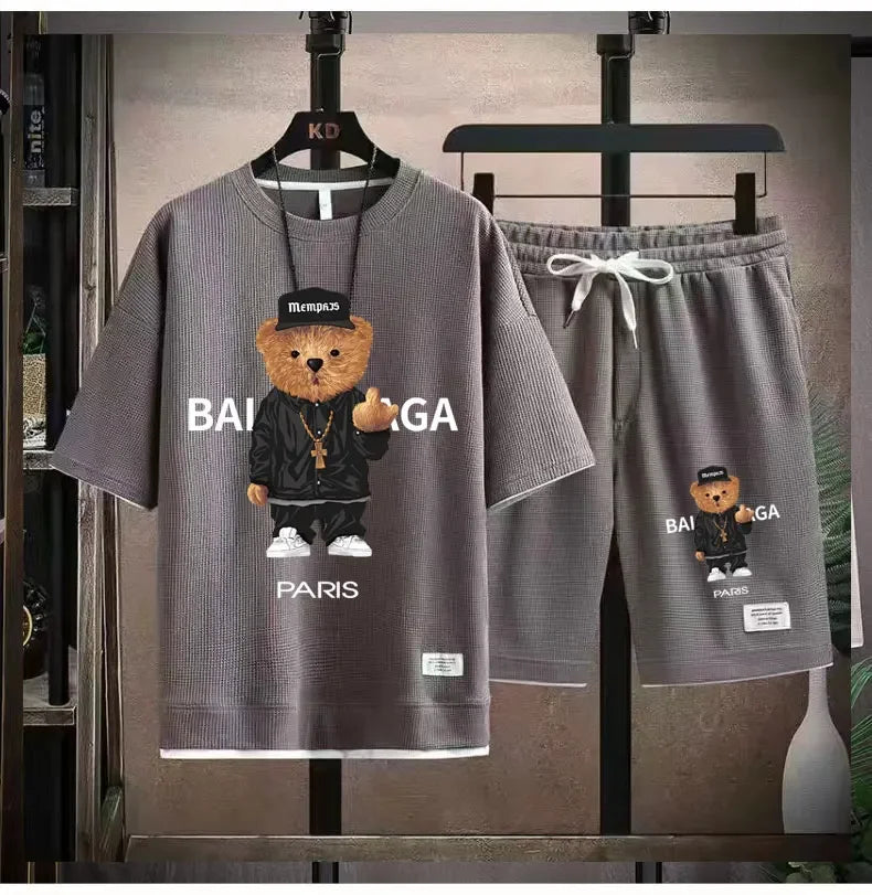 2024 Korean fashion Printed bear T-Shirts Shorts Men's Sets Luxury leisure 2 Piece Outfit Streetwear Summer Quality Tracksuit