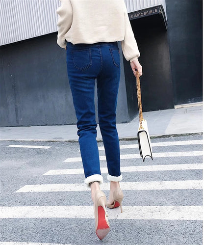 Winter Fleece Lined Denim Pencil Pants Women Thicken Warm Lamb Fluff Jeans High Waist New Slim Vaqueros Big Size 34 Kot Pantolon