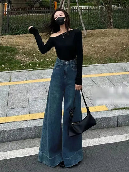 American Retro High-Waist Skiny Flare Pants Wide-Leg Long Jeans Women's Autumn Denim Long Trousers High Street Streetwear