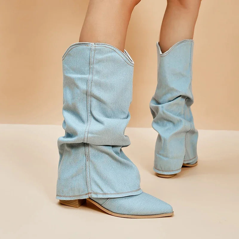 Pleated Block Heels Denim Boots for Women 2024 Autumn Pointed Toe Women High Knee Boots Plus Size Fashion Cowboy Woman Boots