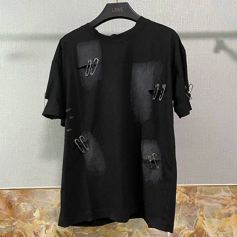 LUZHEN Summer Tie-dyed Broken Hole Design Short Sleevd T-shirts Men's Trendy Personality High Street Pins Patchwork Tops LZ1778