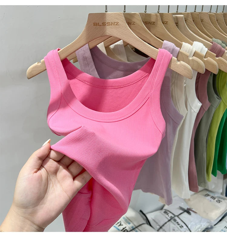 zjaiss Women Solid Round Neck Ribbed Tank Top Camisole Women 2025 Summer Basic Elastic Tank Top O Neck Solid Tank Top