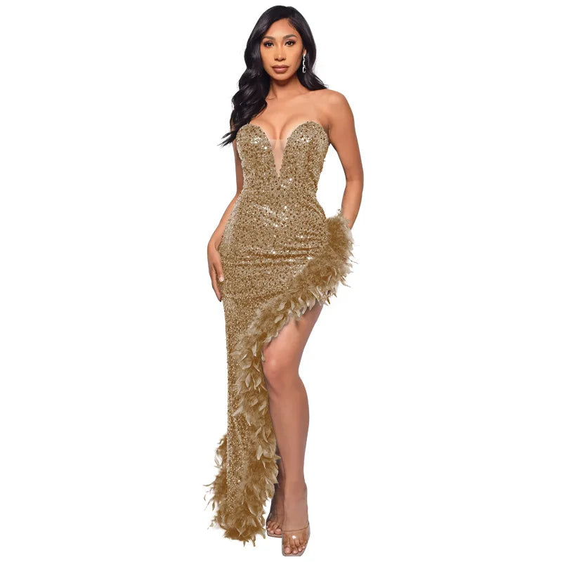 Women Evening Dresses Asymmetrical Shiny Sequins Feather Cocktail Party Dress Sexy Strapless Long Formal Prom Dresses Xiny189