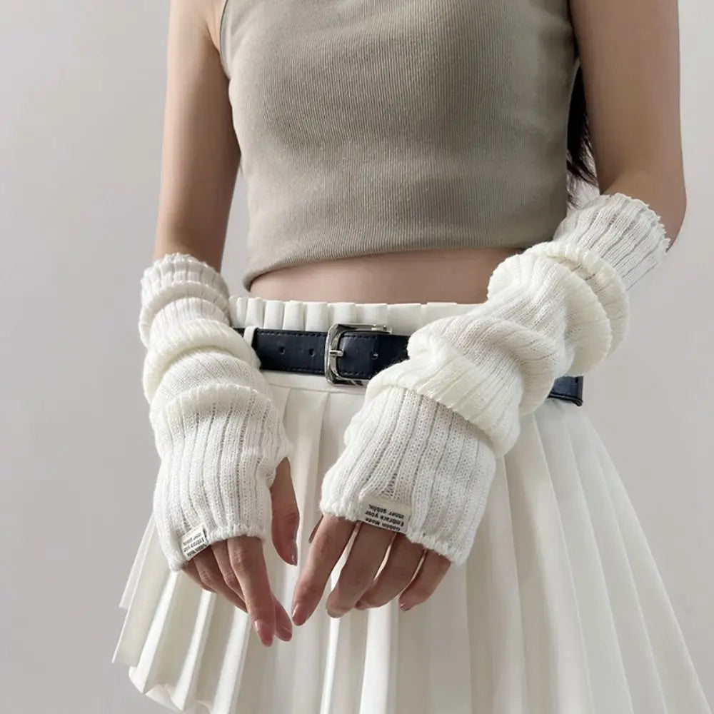 Fingerless Long Wrist Gloves Arm Warmers False Sleeves Knitted Gloves Finger Sleeves Cover Black White Half Finger Gloves