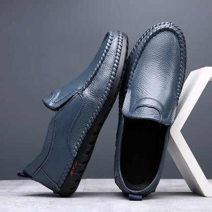 Breathable Genuine Leather Men Shoes Summer Slip On Loafers Men Casual Leather Shoes Blue Flats Hot Sale Driving Shoes Moccasins