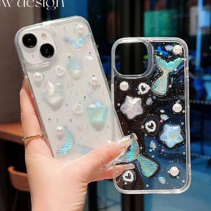 ocean mermaid starfish pearl case for iPhone 11 12 13 14 15 Pro Max 16 Plus clear soft tpu anti-slip glitter back cover