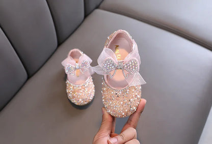 AINYFU New Children's Sequined Leather Shoes Girls Princess Rhinestone Bowknot Single Shoes 2024 Fashion Baby Kids Wedding Shoes