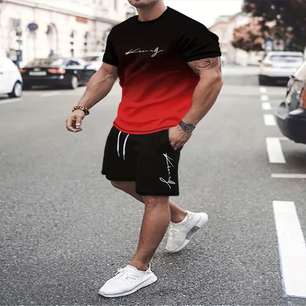 Summer beach 3D printed men's T-shirt suit gradient sportswear fitness plus size clothing two-piece round neck T-shirt shorts