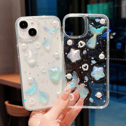 ocean mermaid starfish pearl case for iPhone 11 12 13 14 15 Pro Max 16 Plus clear soft tpu anti-slip glitter back cover