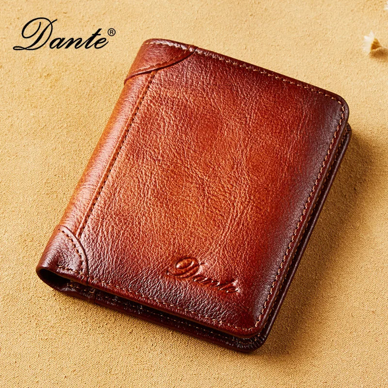 Dante Leather Men's Wallets RFID Anti-theft Brush Degaus Head Layer Cowhide Retro Casual Vertical Money Bag Money Two fold Clips