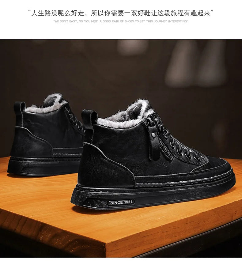 Leather Men's Boots 2023 Winter Platform Warm Fur Ankle Short Lace Up Fashion Novelty Concise Casual Work Shoes Botas 2023