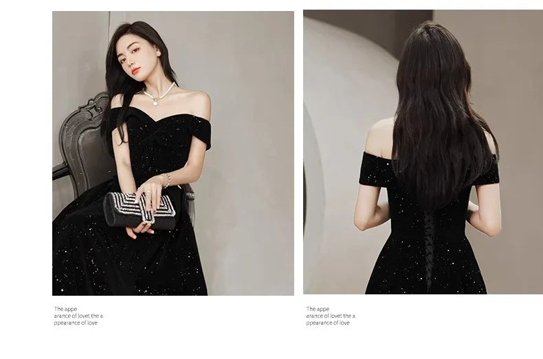 2024 New Arrival Starry Sky Velvet off-Shoulder Black Host Evening Dress Dress Banquet Temperament Winter Long