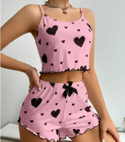 Hot Selling Womens Pajamas Set Sleepwear 2PCS Short Tank Tops And Shorts White Ventilate Soft Casual Red Love Printing Sleepwear