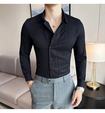 British Style Men Double Breasted Shirt 2023 Autumn New Long Sleeved Striped Slim Fit Shirts Formal Business Social Party Tuxedo