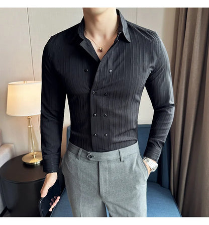 British Style Men Double Breasted Shirt 2023 Autumn New Long Sleeved Striped Slim Fit Shirts Formal Business Social Party Tuxedo