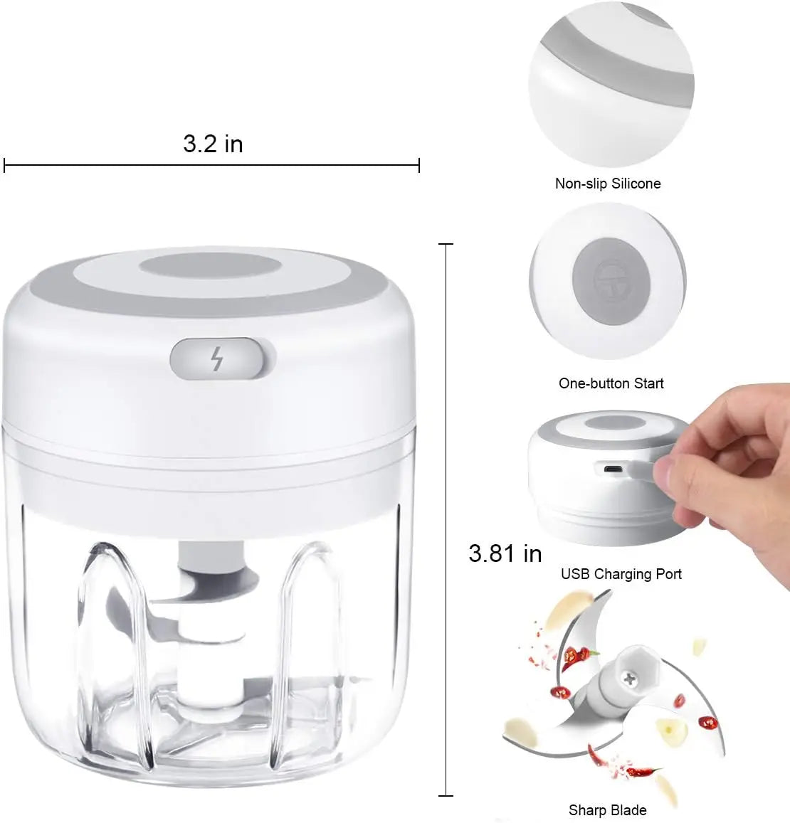 Electric Mini Garlic Chopper, Portable Food Processor, Vegetable Chopper Onion Mincer, Cordless Meat Grinder with USB Charging