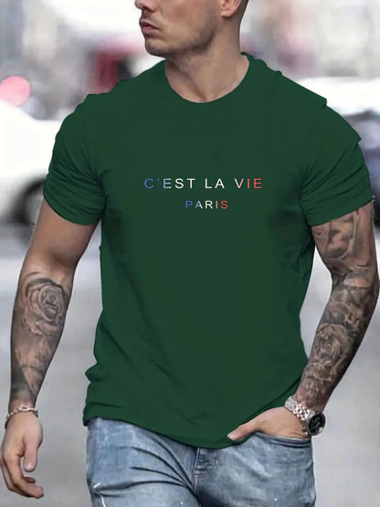 Men's Summer Loose Fit  100 Polyester cest La Vie PrintT-shirt Tops