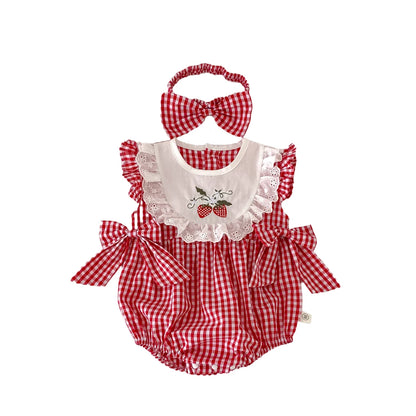 Summer Baby Girls Romper+Headband Newborn Red Plaid Strawberry Embroidery Summer Onesies Clothes Casual and versatile style