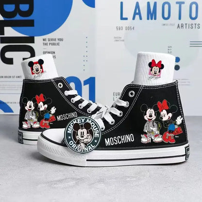 2024 Spring/Summer New Disney Mickey Printed Canvas Shoes for Boys Girls Hand Painted Sneakers Korean High Top Shoes for Women