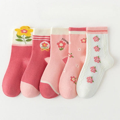 5 Pairs/Lot Kids Soft Cotton Socks Korean Love Heart Flower Print Baby Girl Socks Autumn Winter Warm Children Middle Tube Socks