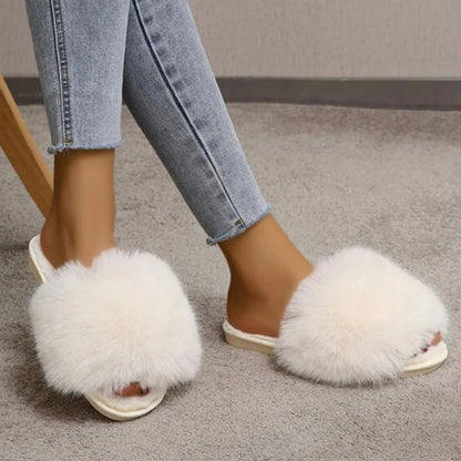 New Woman Slippers Winter Simple Word Fur Flats Soft Home Women Slippers Faux Fur Warm Bedroom Leisure Female Shoes