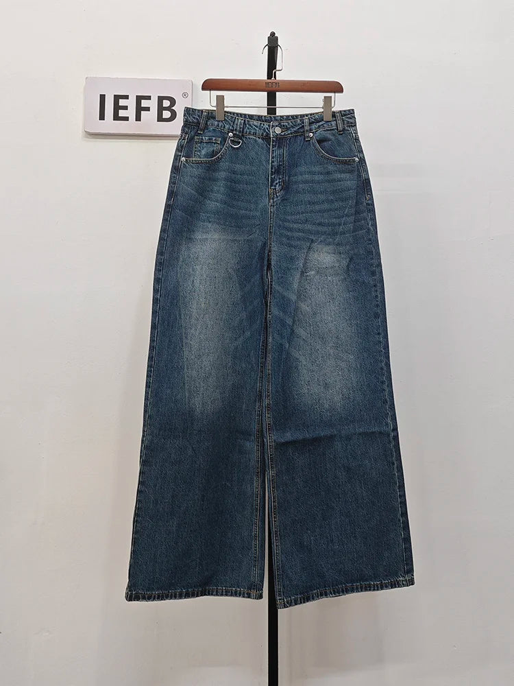 IEFB Summer Men's Denim Pants Old Blue Washed Male Jeans Straight Casual Menwear Loose Wide Leg Trousers New Fashion 9C354