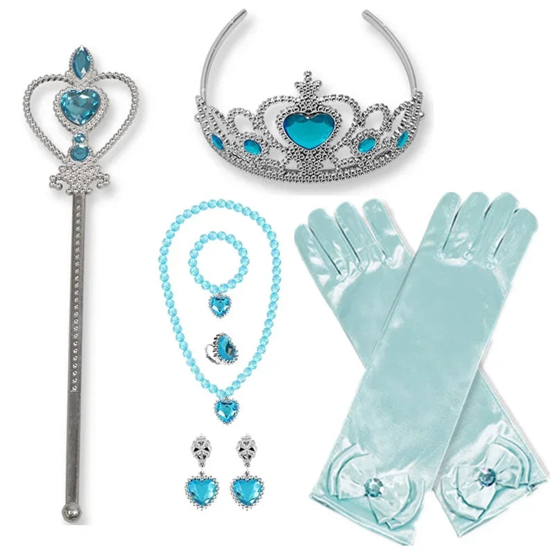 Mädchen Elsa Belle Prinzessin Accessoire Halloween Cosplay Kostüm Schleife Handschuhe Krone Zauberstab Halskette Armband Set Geburtstagsgeschenke