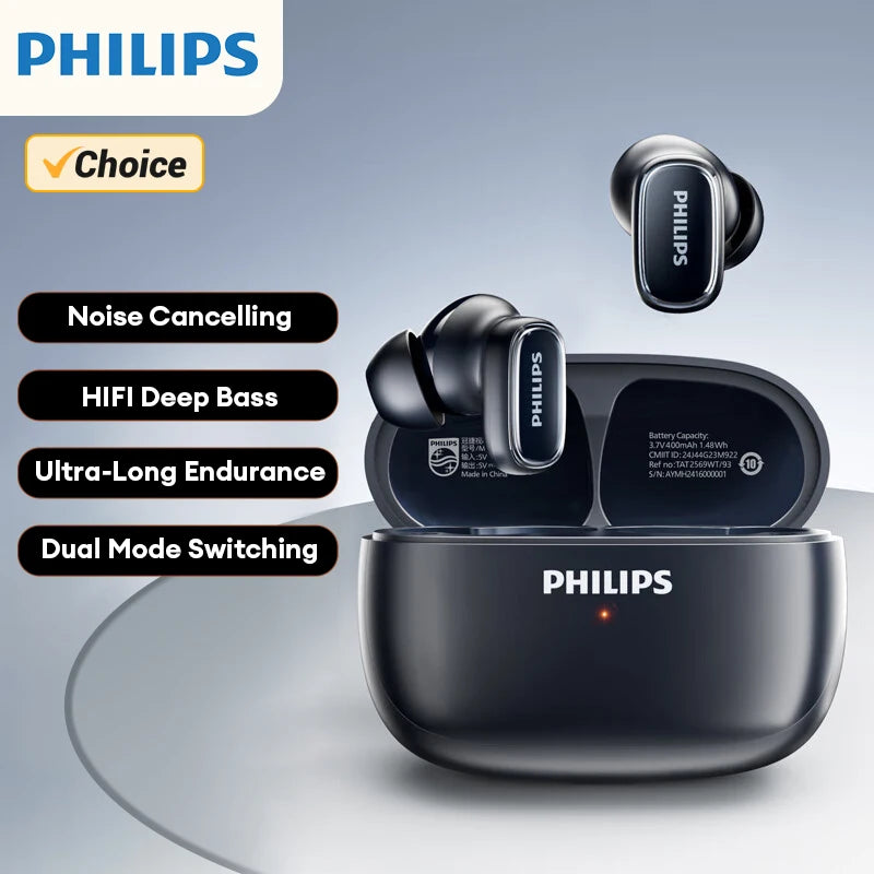 Original Philips TAT2569 Wireless Bluetooth V5.4 Noise Reduction  IPX4 Waterproof Sport Earbuds t New Low Latency Gaming Headse