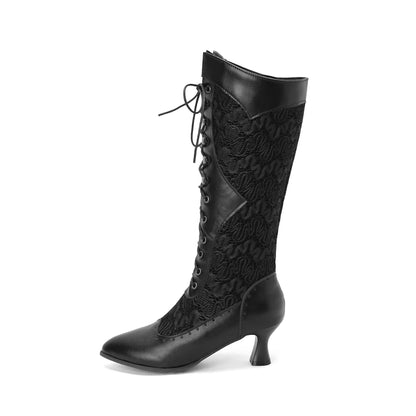 Women Victorian Pointed Toe Mid-Calf Boots Leather Lace Hollow Out Punk Lace Up Strange Steampunk High Heel Shoes Plus Size32-43