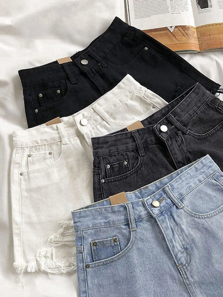 Women's Ripped Jeans Short Pants, Casual High Waist Denim Shorts, Female Clothing, Summer Pocket Hole, 2023