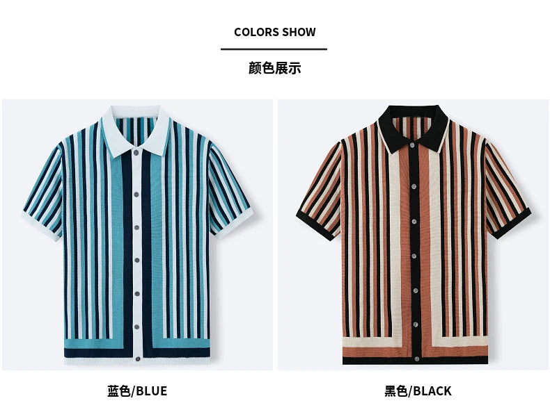 Men's Fashion Luxury Leisure Knit Polo Shirt Striped Button-down Short Sleeve Cardigan Casual Business Knitwear 2025 New Summer