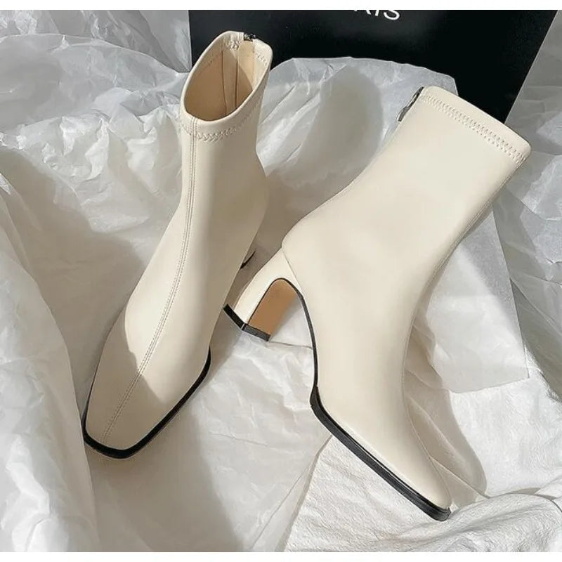 New Square Ankle Boots Autumn Comfortable Soft Leather High Heel Boots Women's Fashion Zipper Simple Temperament Women's Shoes