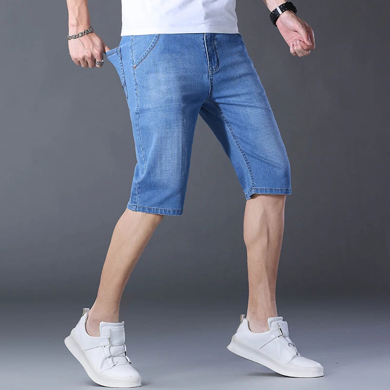 2024 Summer Men'S Thin Slim-Fit Denim Shorts Business Casual Fashion All-Match Stretch Loose Cropped Trousers Male Brand Jeans