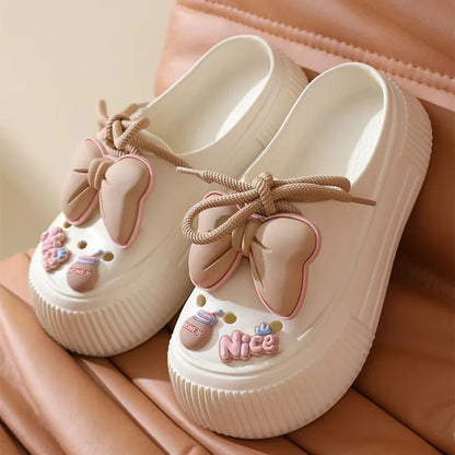 Summer Women's Hole Shoes Cute Bow Thick Sole Anti Slip Resistant Women's Baotou Slippers for Home Outdoor Garden Shoes