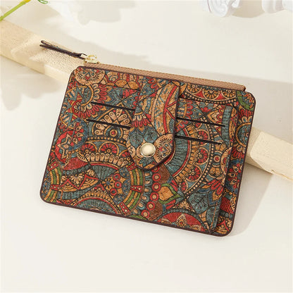 Retro Printed Card Holder Wallet For Woman Multi-Slot Card Case Cork Ultra Thin Zipper Coin Purse Small Change Pocket Pouch