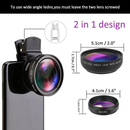 2 in1 Phone Lens 0.45x 49uv Super Wide Angle Macro Lens for iPhone 14 13 15 HUAWEI Xiaomi Smartphone Lenses with 37mm Phone Clip