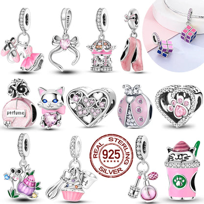 2025 925 Sterling Silver Charms Beads Love Heart Pink Original Charm Pendant Fit Charm Bracelets DIY Jewelry Birthday Gift Women