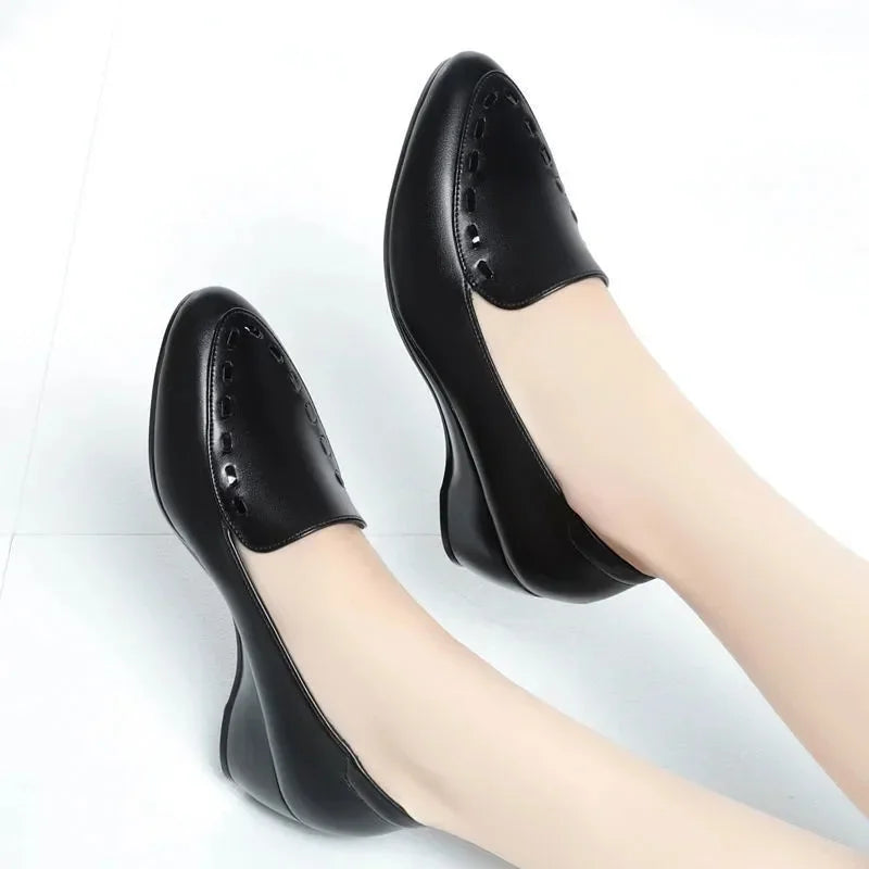 Women Fashion Light Weight Wedge Heel Comfort Spring & Autumn Shoes Lady Casual Sweet Home & Outside Black Leather Pumps E1419