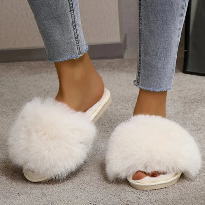 New Woman Slippers Winter Simple Word Fur Flats Soft Home Women Slippers Faux Fur Warm Bedroom Leisure Female Shoes