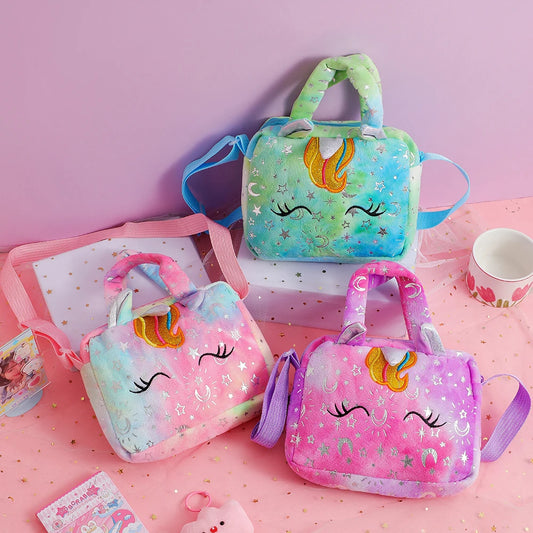 Plush Unicorn Single Shoulder Crossbody Bag for Children's Coin Purse Girl Travel Handbag Cute Student Gift Storage Pencil Bags