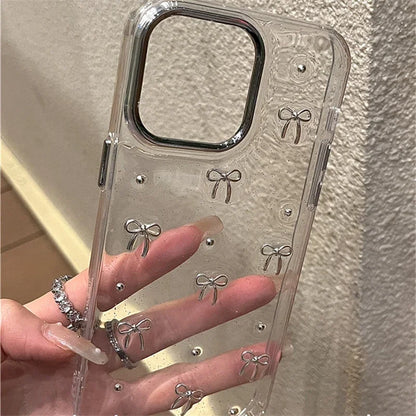 INS Glitter 3D Silver Bow Bead Case For Samsung Galaxy S25 S24 Ultra S23 S22 Plus S24 FE A14 A15 A35 A55 A34 Epoxy Clear Cover