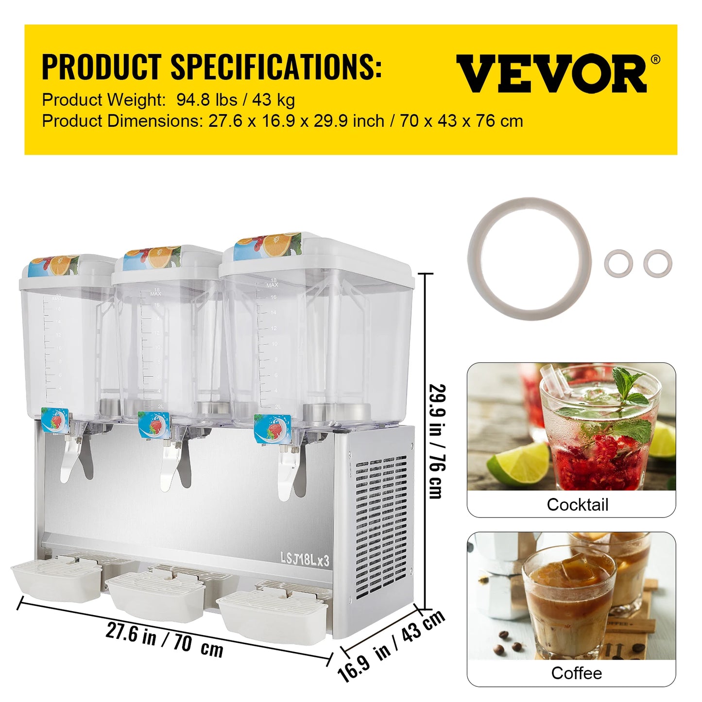 VEVOR 18L 36L 54L Cold Beverage Dispenser Electric Drink Granite Machine Food-Grade Material for Juice Coffee Red Tea Commercial