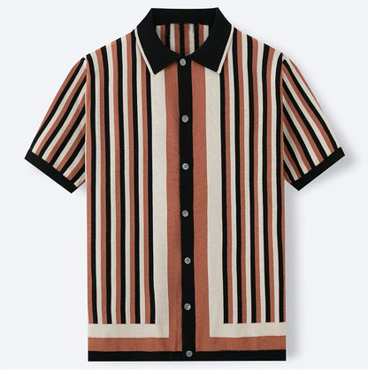 Men's Fashion Luxury Leisure Knit Polo Shirt Striped Button-down Short Sleeve Cardigan Casual Business Knitwear 2025 New Summer