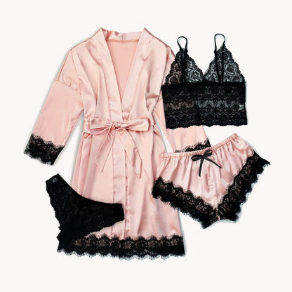 Women's Satin Pajama Set 4pcs Floral Lace Trim Cami Lingerie Sleepwear with Robe Sleepwear Lace Cami Shorts Loungewear Pink