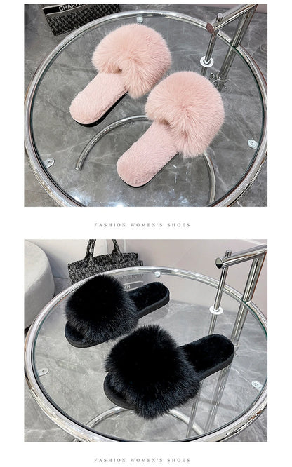 New Woman Slippers Winter Simple Word Fur Flats Soft Home Women Slippers Faux Fur Warm Bedroom Leisure Female Shoes