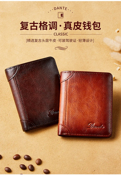 Dante Leather Men's Wallets RFID Anti-theft Brush Degaus Head Layer Cowhide Retro Casual Vertical Money Bag Money Two fold Clips